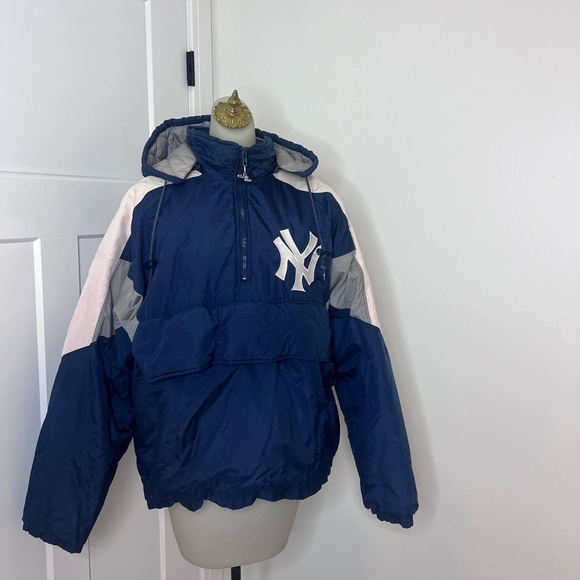 NY Yankees Pullover Jacket – Size L | Navy Blue Colorblock Hooded Windbreaker - Picture 2 of 9